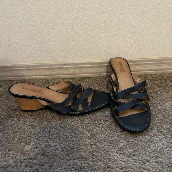 TIMBERLAND Comforia Black Leather Wood Wedge Slide Strap Sandal Women's Size 9 - Picture 1 of 8